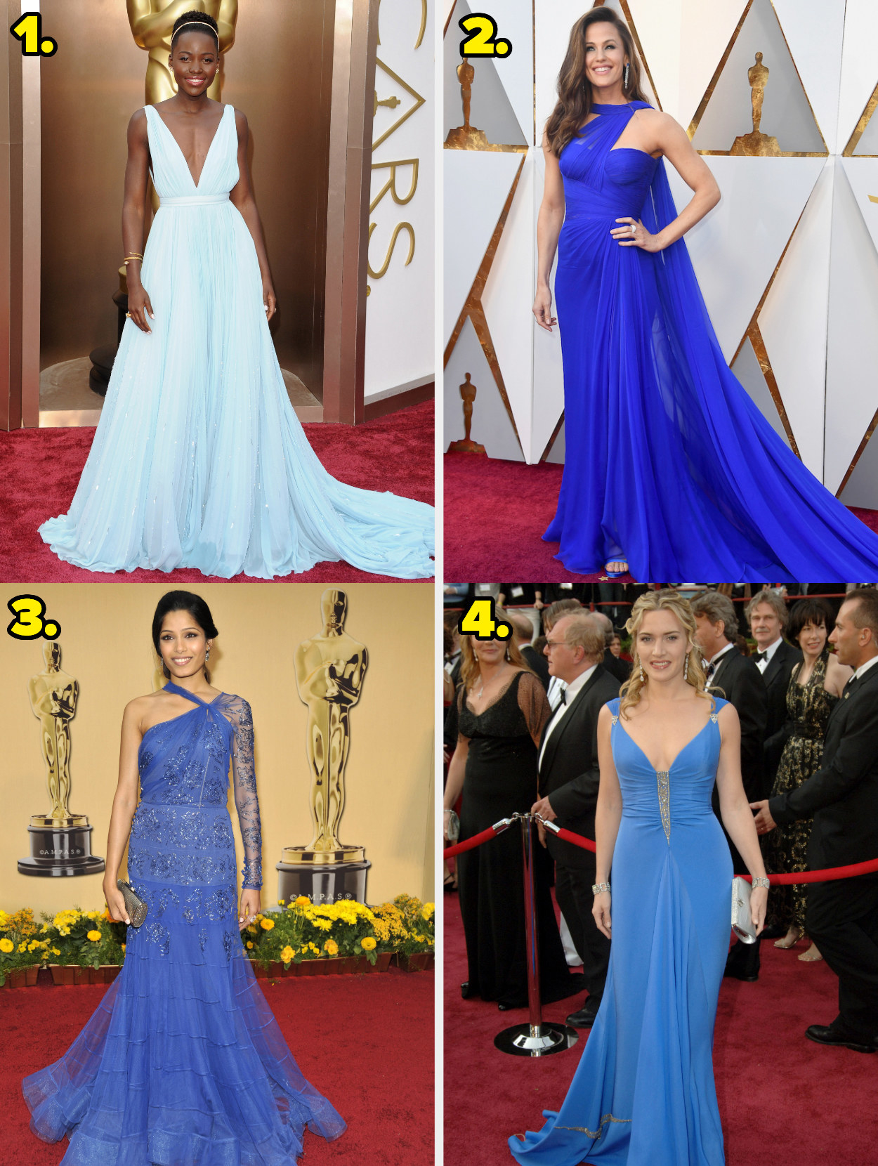 1. Lupita Nyong&#x27;o wears a deep v-neck flowing gown. 2. Jennifer Garner wears a one shoulder gown. 3. Freida Pinto wears a one shoulder gown with a long sleeve and metallic detailing. 4. Kate Winslet wears a sleeveless gown with silver detailing