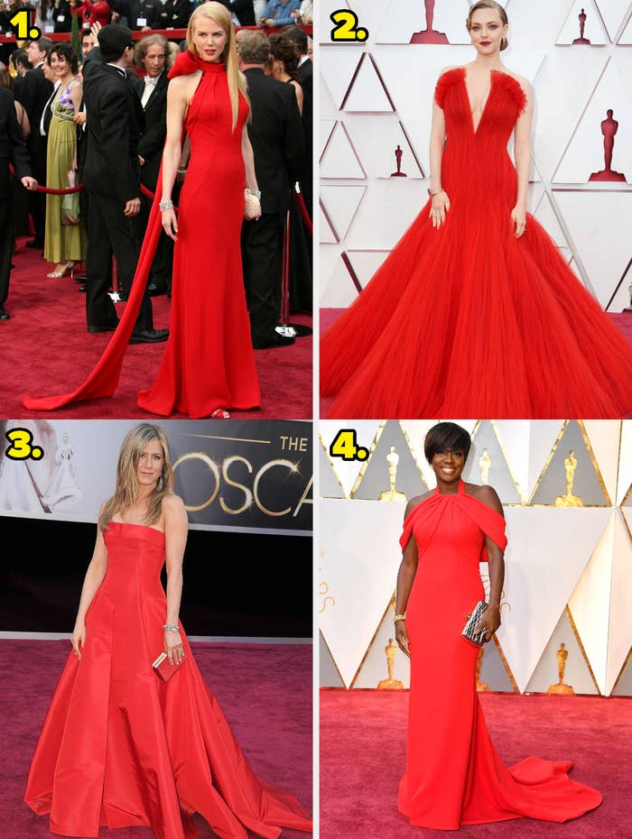 1. Nicole Kidman wears a long halter gown with a giant bow on the neck. 2. Amanda Seyfried wears a strapless ballgown made of tulle. 2. Jennifer Aniston wears a shiny ballgown. 4. Viola Davis wears a halter gown with off the shoulder detailing.