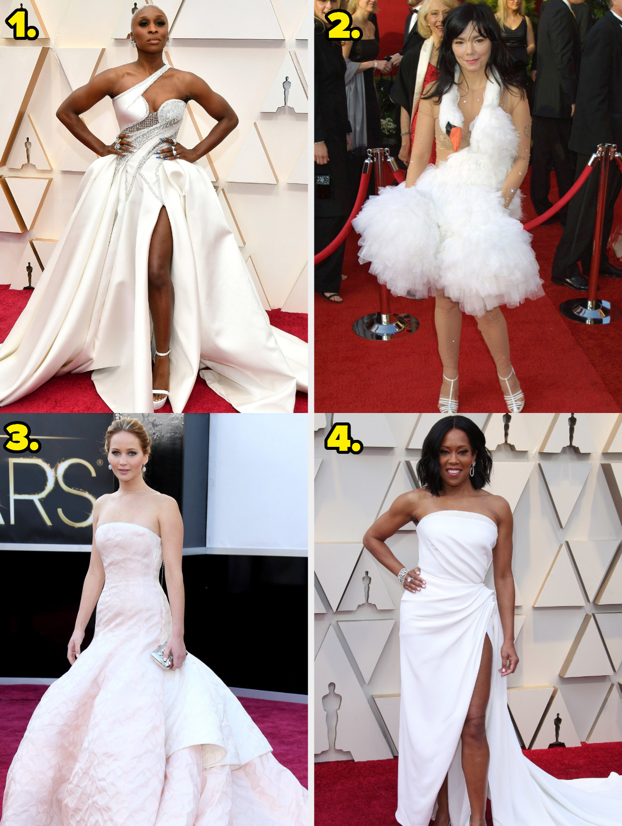 1. Cynthia Erivo wears an asymmetrical ball gown with silver detailing. 2. Bjork wears a short gown that has feathers and a swan head wrapped around her neck. 3. Jennifer Lawrence wears a simple ballgown. 4. Regina King wears a strapless gown with a slit