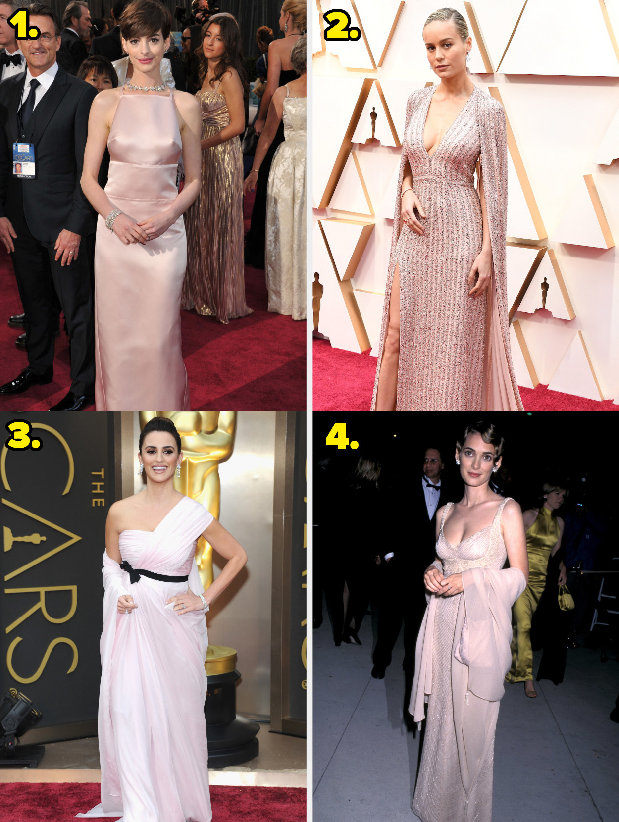 1. Anne Hathaway wears a sleek haltergown. 2. Brie Larson wears a deep v-neck gown with a cape. 3. Penelope Cruz wears a one shouldered gown with a bow tied at the waist. 4. Winona Ryder wears a 1920s inspired gown.