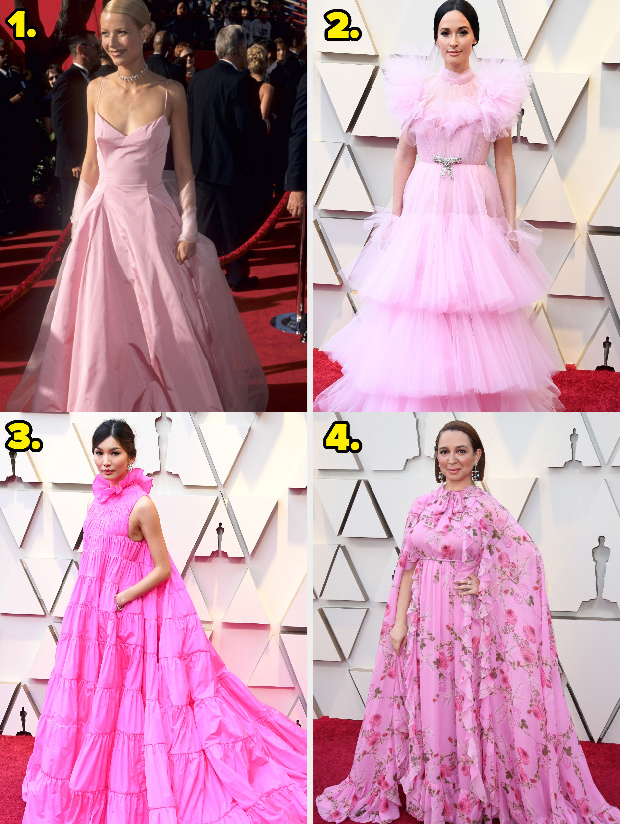 1. Gwyneth Paltrow wears a simple sleek gown. 2. Kacey Musgraves wears a tiered gown with giant tulle layers 3. Gemma Chan wears a turtle neck gown that mimics a tent. 4. Maya Rudolph wears a gown with a cape and its all covered in flowers