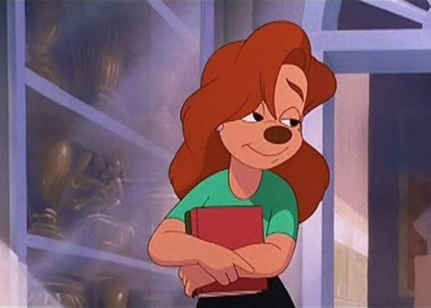 Roxanne clutching a school book and looking flirtatious 