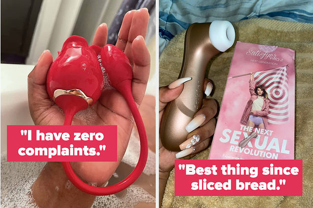 Reviewer holding wet rose vibrator with bulb, reviewer holding black bullet vibrator and reviewer holding rose gold suction vibrator