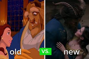 An animated Beauty and the Beast is on the left with a live action on the right labeled, "old vs. new"