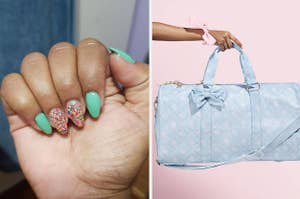 rainbow glitter nail polish and stoney clover lane floral duffle bag