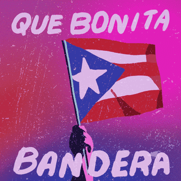 A hand waving the puerto Rican flag with the words Que Bonita Bandera in the forefront