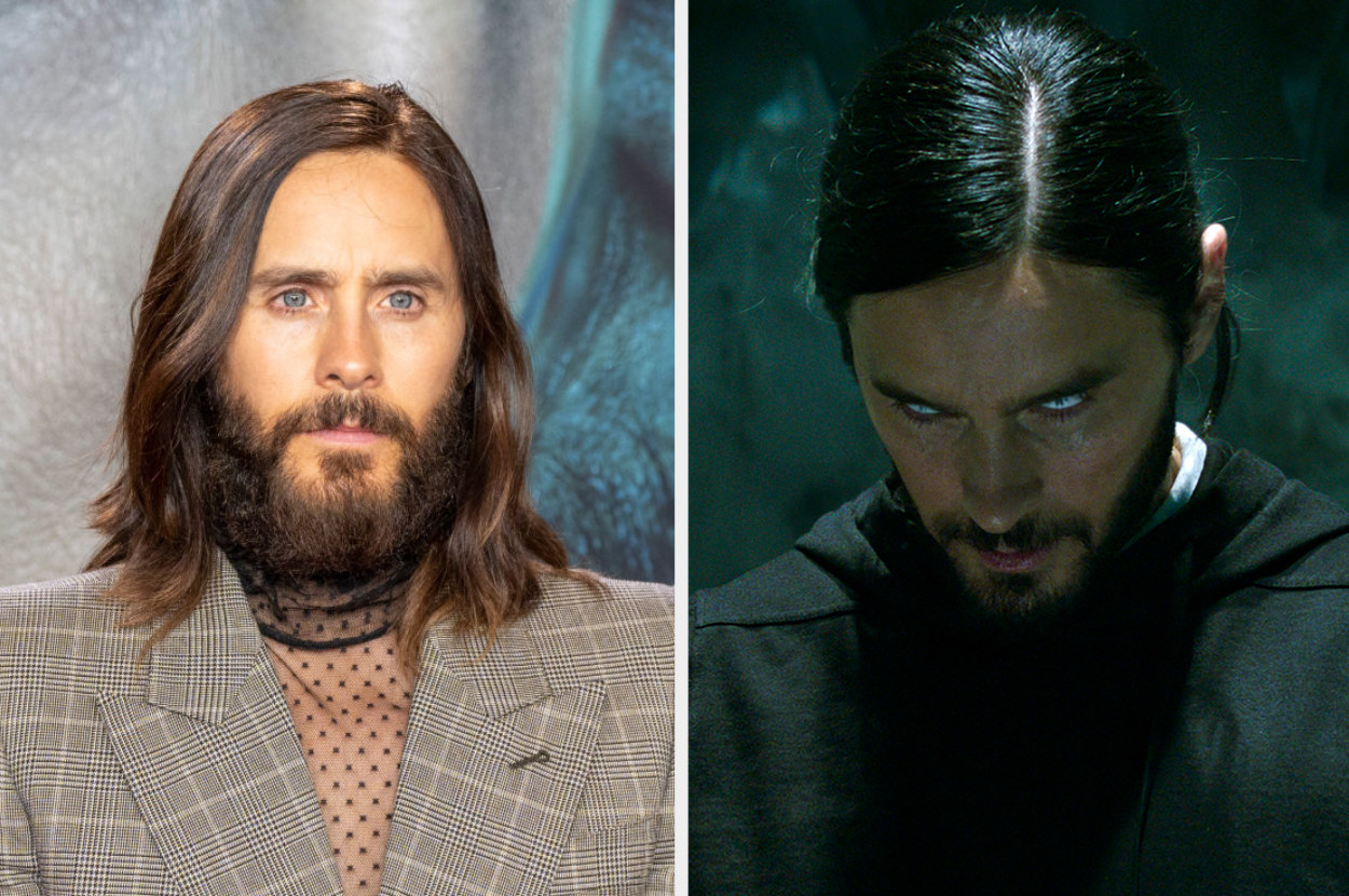 Jared Leto at a premiere next to an image of Jared Leto as Dr Michael Morbius in the film Morbius