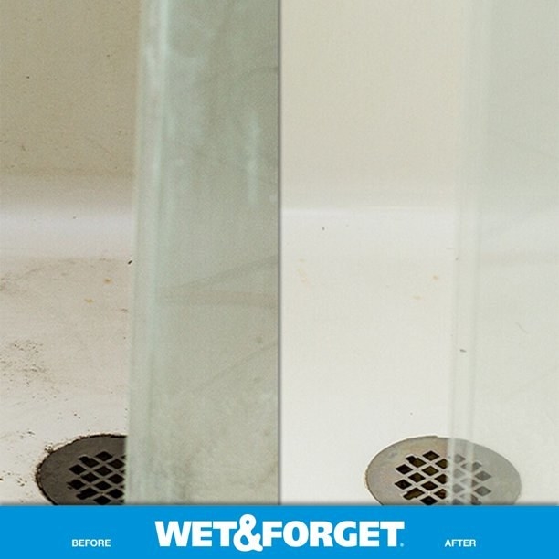 Before and after photos of a shower without and with using Wet and Forget