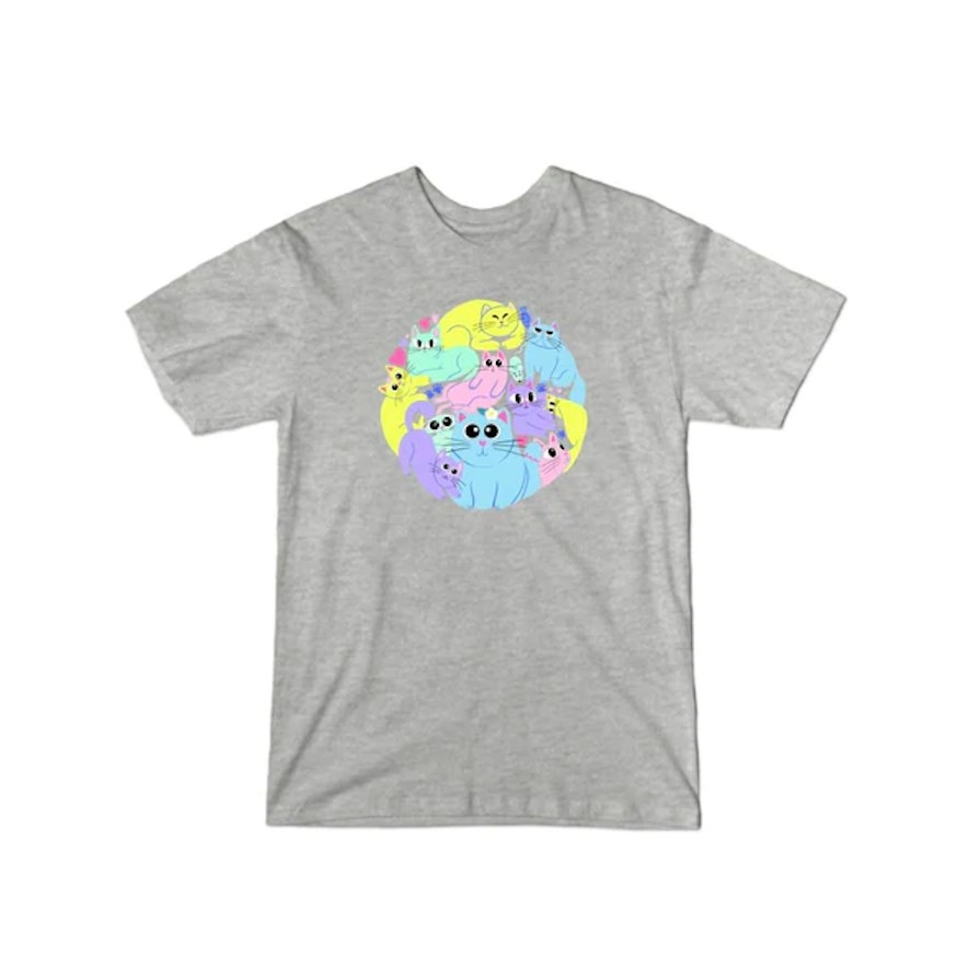 Gray t-shirt with circular graphic made up of colorful cat images