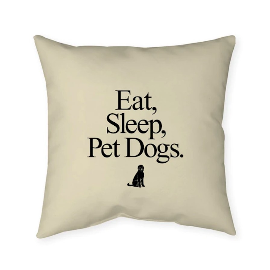 Neutral throw pillow that says &quot;eat, sleep, pet dogs&quot; and has a picture of a dog on it