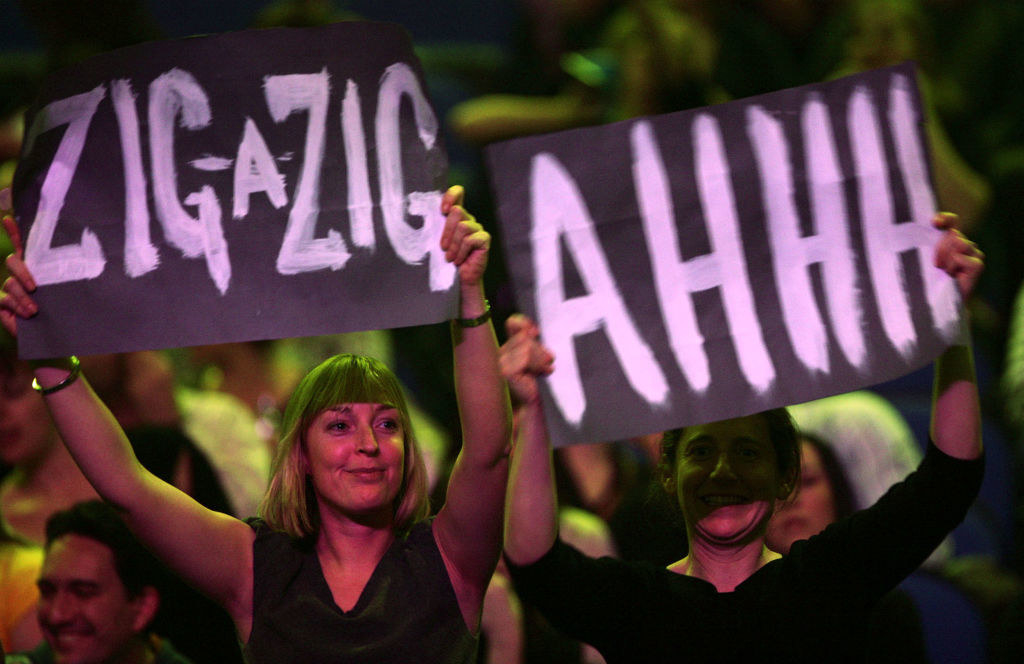 two people hold up a zig a zig ah sign