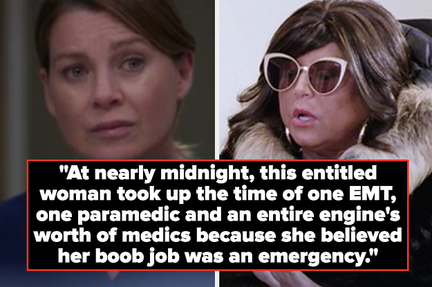 Meredith from Grey's Anatomy looking judgmental and Abby from Dance moms captioned "At nearly 12am, this entitled woman took up the time of 1 EMT & an engine's worth of medics 'cause she believed her boob job was an emergency"