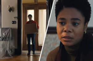 split image of regina hall on the left she is carrying a box on the right she is thinking