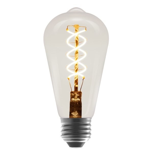 the elongated lightbulb with visible twisted filaments