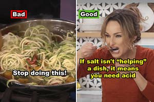 Side-by-side of zucchini noodle pasta and Giada de Laurentiis looking disgusted
