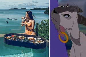 A woman eats from a floating food tray in an infinity pool and a close up of Djali the goat
