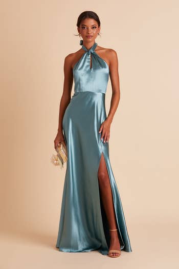 a model wearing the dress in blue