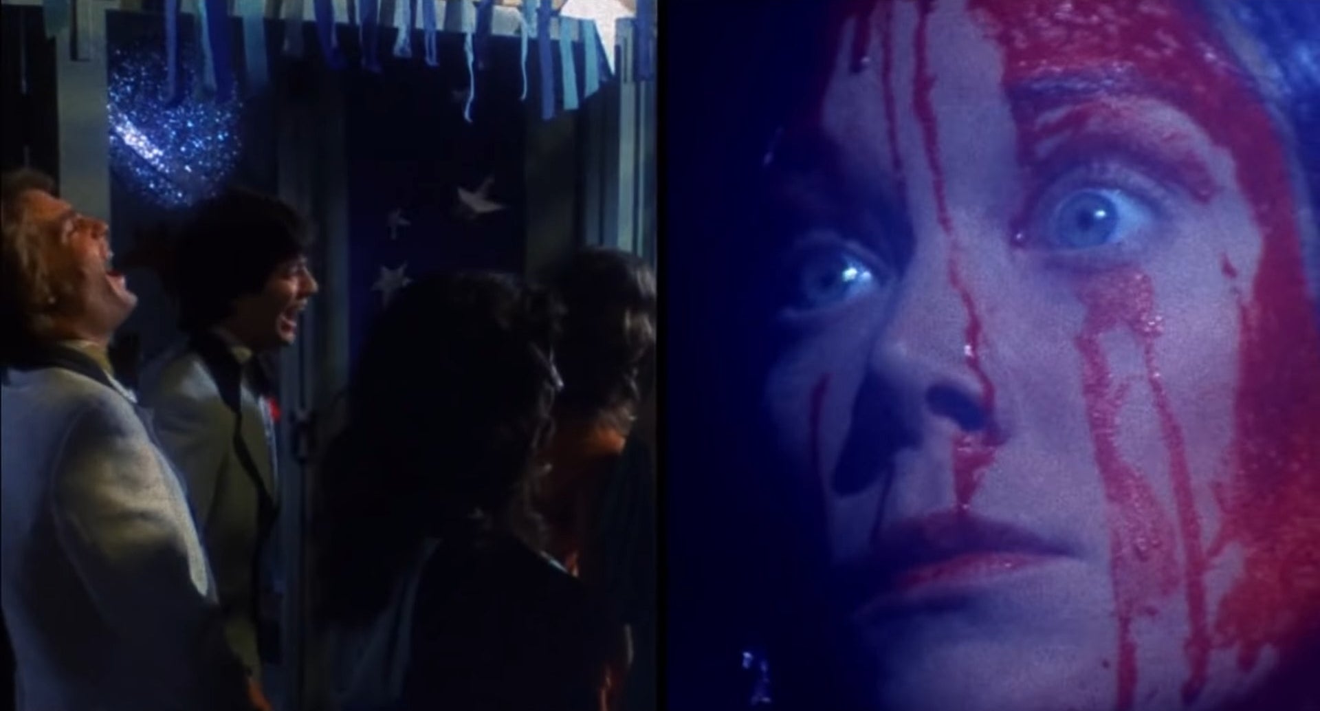 Split screen of teenagers at the prom and Carrie staring at them in &quot;Carrie&quot; (1976)