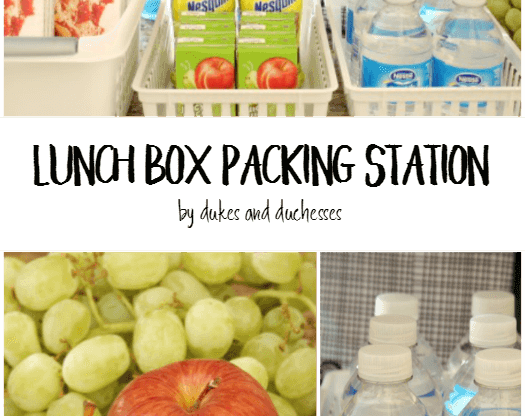 Blogger&#x27;s photo of the lunchbox packing station they set up for their kids with water bottles and snacks