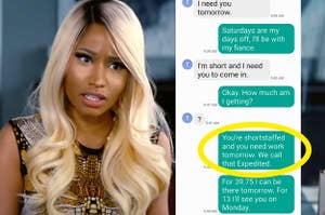 (Left) Nicki Minaj in the movie "The Other Woman" (Right) Text message convo between boss and employee