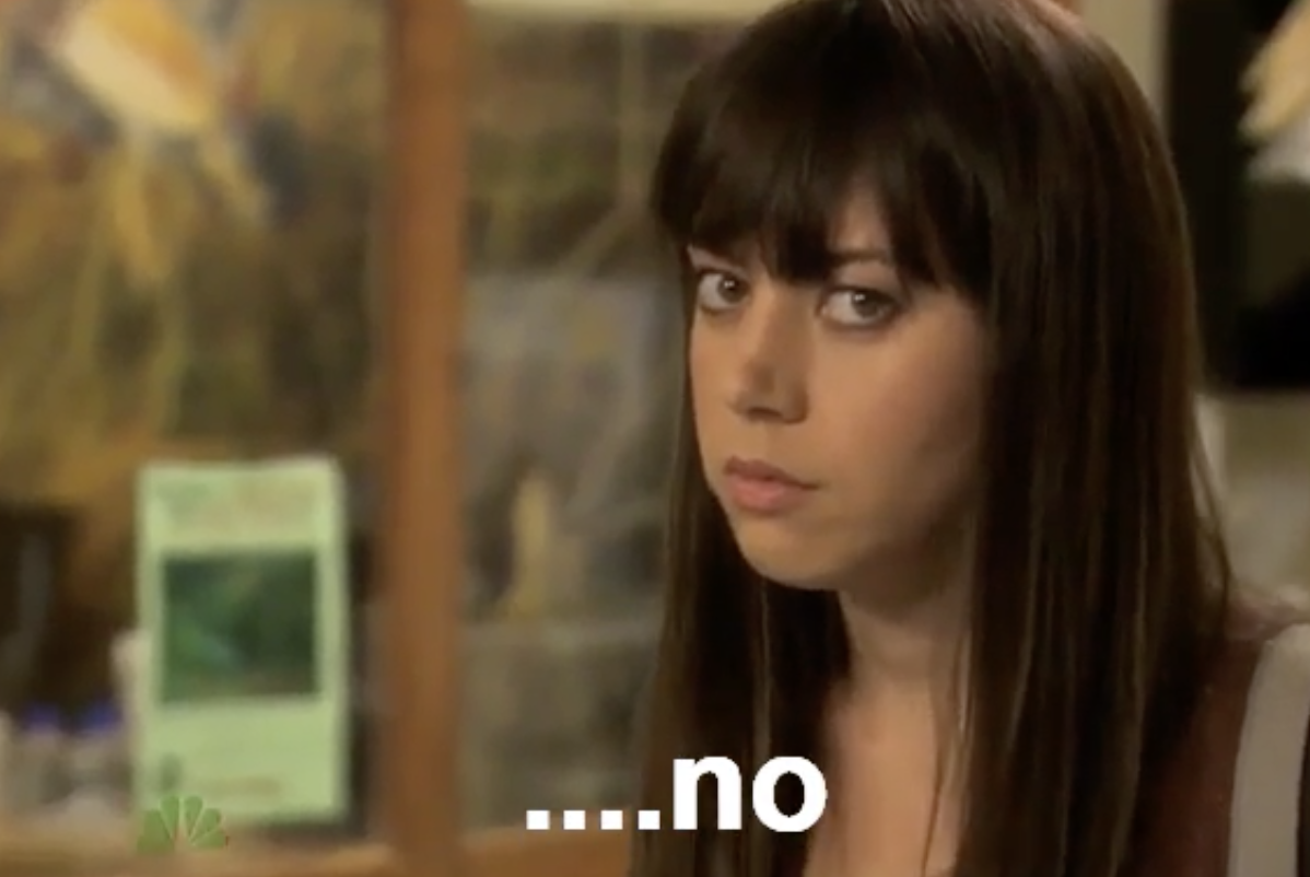 Aubrey Plaza looking at the camera with the word &quot;...no&quot;