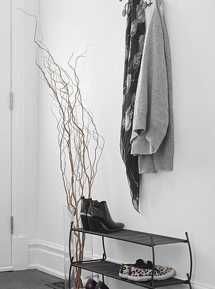 A shoe rack holding shoes by a front door