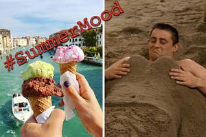A couple is holding ice cream labeled, "summer mood" with Joey from "Friends" in the sand on the right