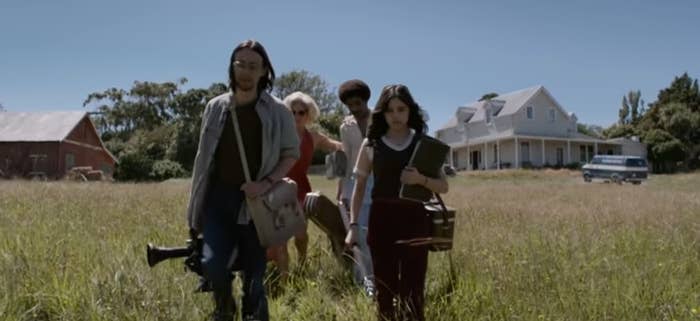 RJ, Lorraine, Bobby-Lynne, and Jackson walking across a wheat field in &quot;X&quot;