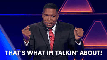 Michael Strahan doing a little dance and saying &quot;that&#x27;s what I&#x27;m talking about&quot;