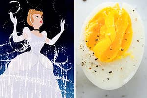 Cinderella is on the left with a hard-boiled egg on the right