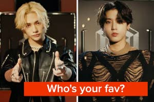 Stray Kids members face each other while labeled, "Who's your fav?"