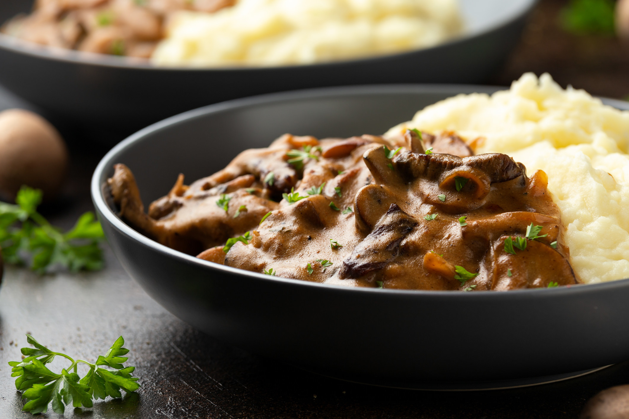 Beef Stroganoff with mushrooms and mashed potatoes