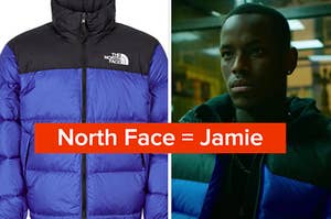 A North Face coat is on the left with Jamie in a puffer on the right labeled, "North Face = Jamie"