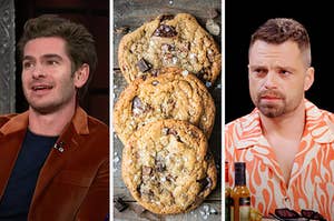 On the left, Andrew Garfield, in the middle, some chocolate chip cookies, and on the right, Sebastian Stan