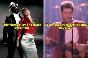 On the left, Will.i.am and Fergie in the My Humps music video, and on the right, Billy Ray Cyrus in the Achy Breaky Heart music video