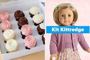 On the left, a box of cupcakes, and on the right, Kit the American Girl doll