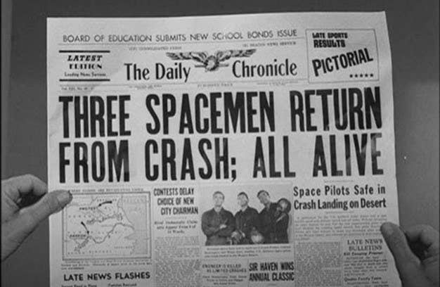 The front page of a newsletter that reads &quot;Three Spacemen Return From Crash; All Alive&quot;