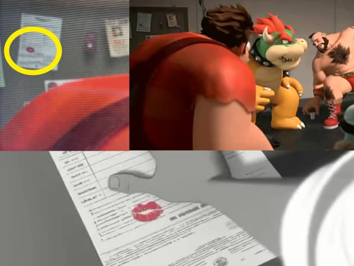 Ralph at a bad guy support group in Wreck-It Ralph showing the exact same piece of paper with lipstick on it from the short Paperman