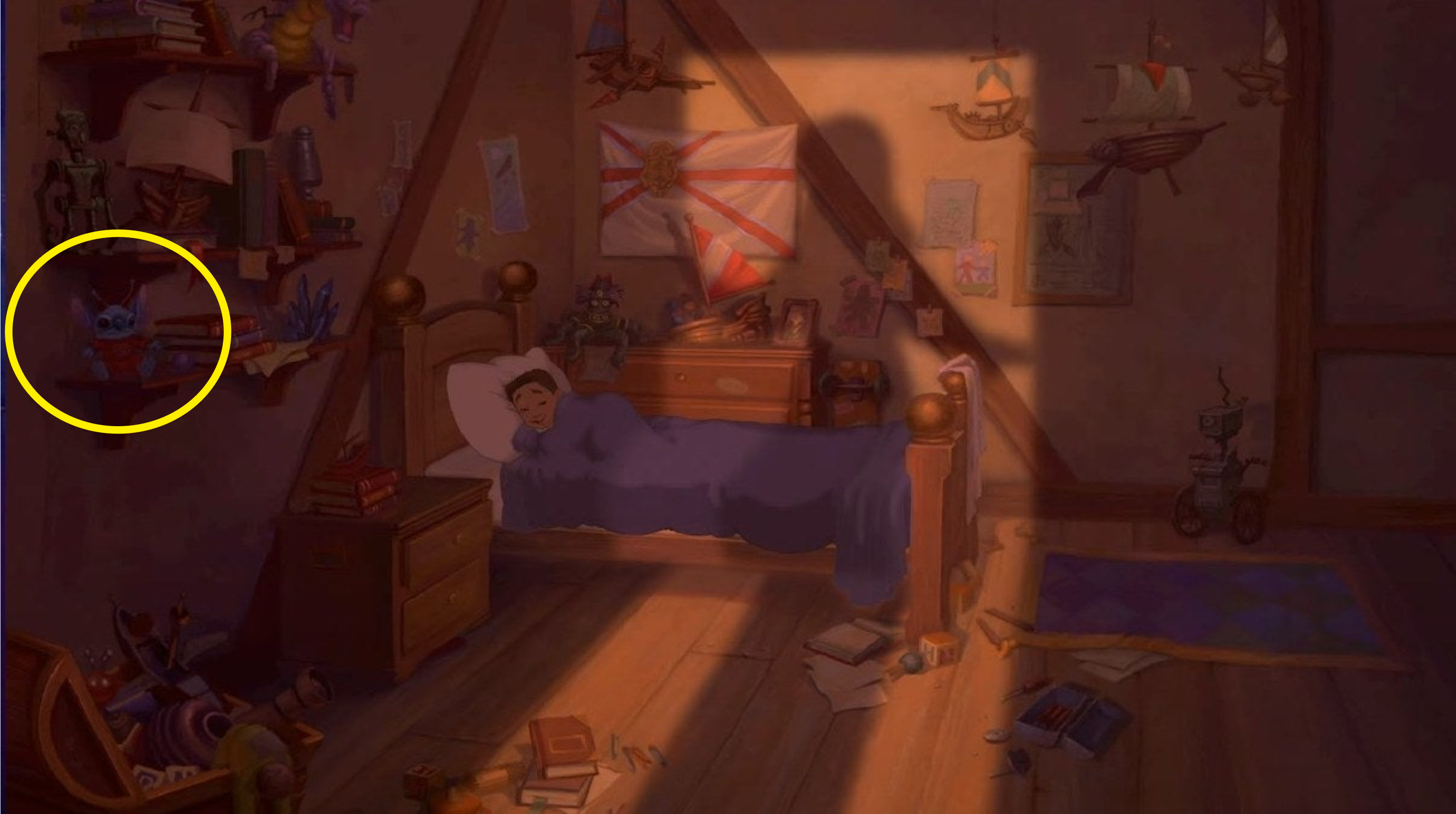 As Jim Hawkins tells his mother goodnight, a doll of Stitch from Lilo &amp;amp; Stitch can be seen on the shelf