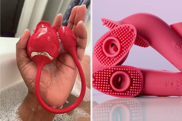 Reviewer holding wet rose-shaped dual-stimulating vibrator and pink finger vibrators stacked