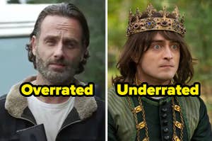 Andrew Lincoln from The Walking Dead and the word "overrated" and Daniel Radcliffe in Miracle Workers and the word underrated