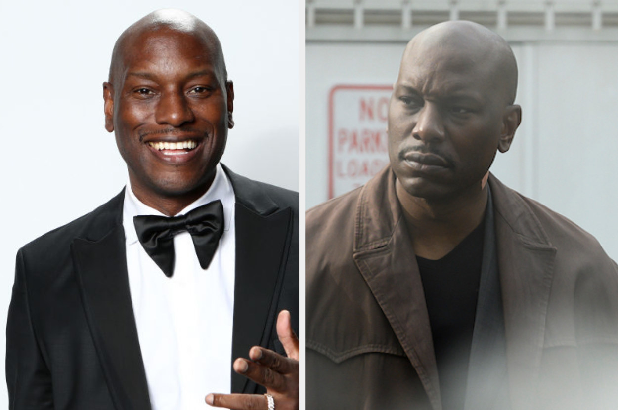 An image of Tyrese Gibson in a bow tie next to a still of him playing Simon Straud in Morbius