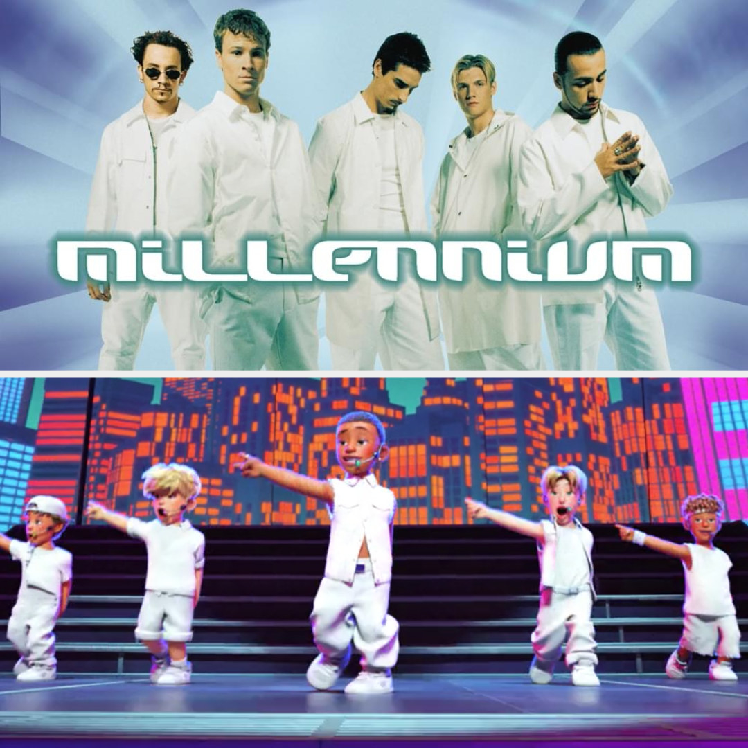 The cover of the Backstreet Boys' album "Millenium" and an image of 4*Town below in similar all-white outfits