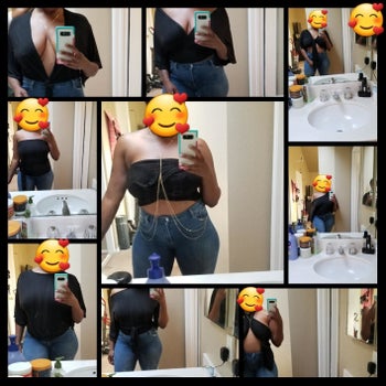 reviewer wearing the black version tied into nine different styles