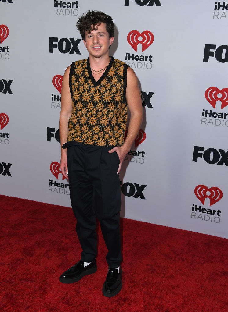Charlie wears a knitted vest and slacks as he poses for a photo on the red carpet