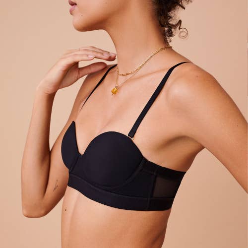 model wearing the black bra with straps