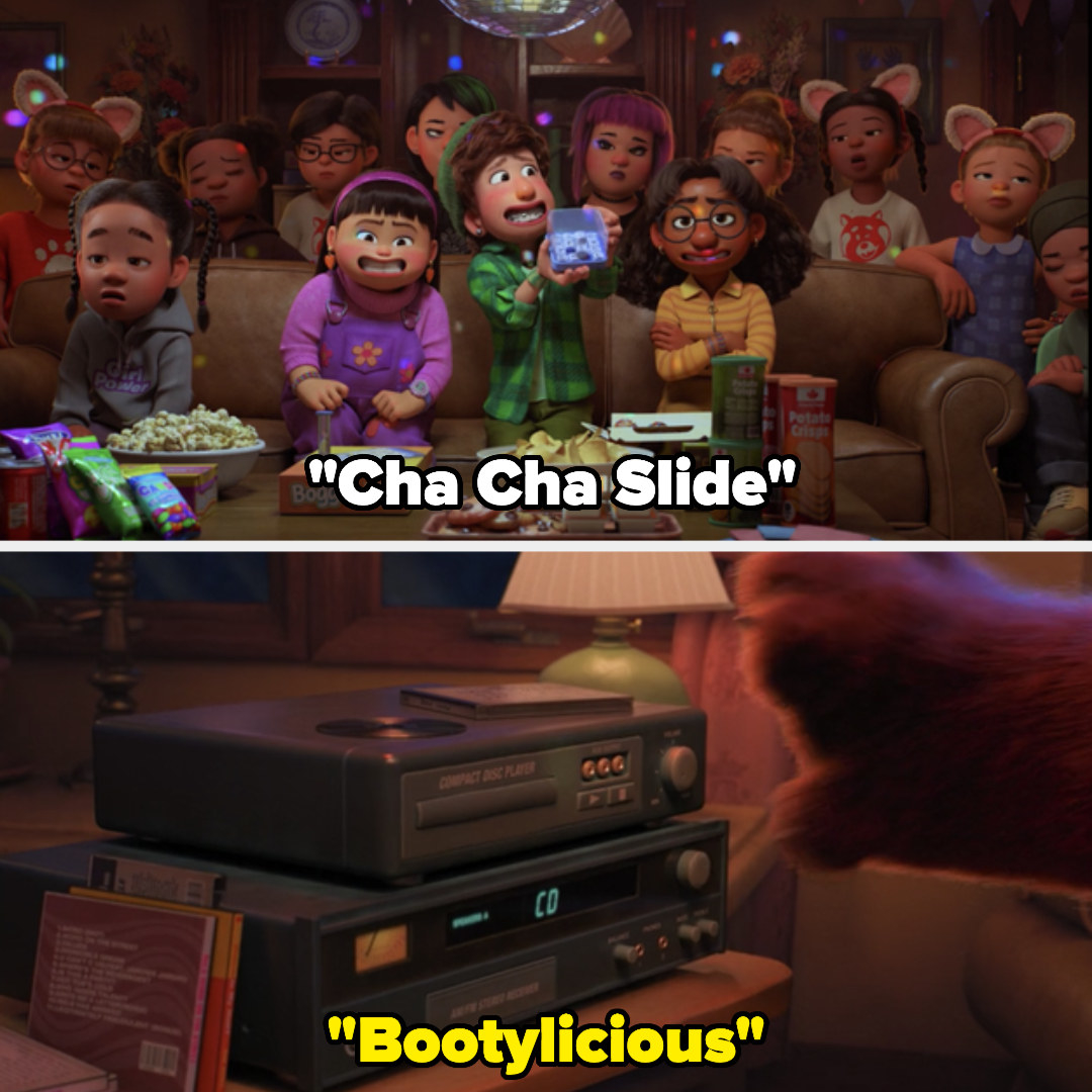 The kids at a party with the words &quot;Cha Cha Slide&quot; and the CD player with the word &quot;Bootylicious&quot;