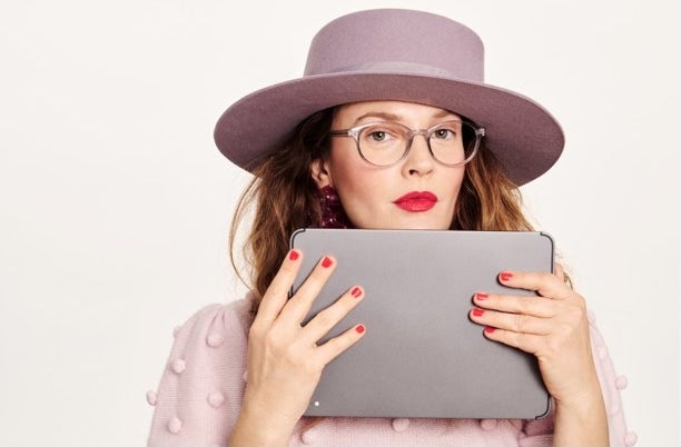 Drew Barrymore wearing the blue light glasses