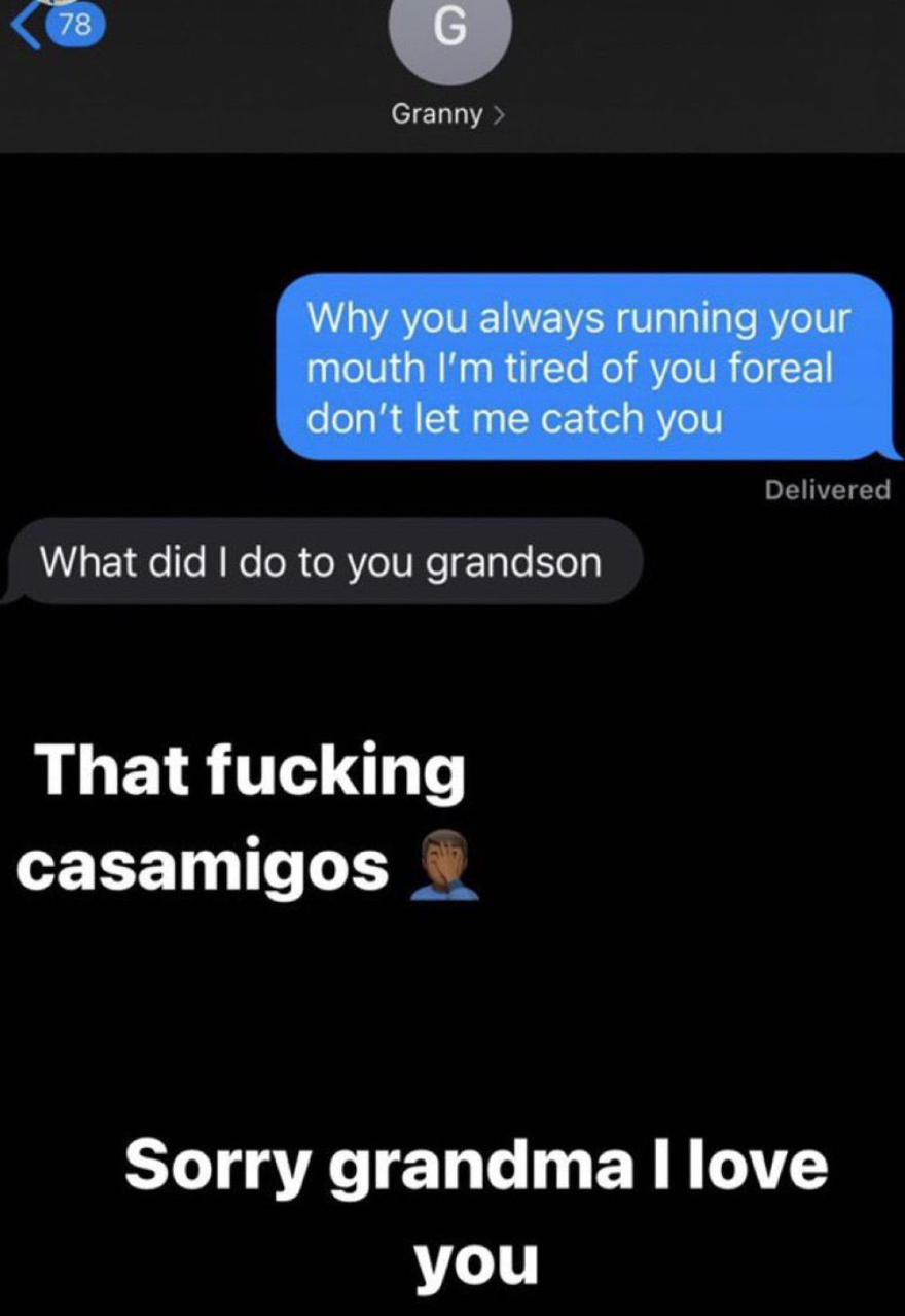 A screenshot of text messages where someone accidentally sent their grandma a threat instead of sending it to the correct person