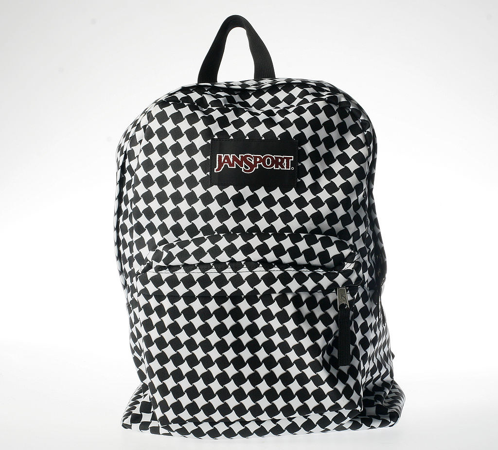 A black and white JanSport backpack